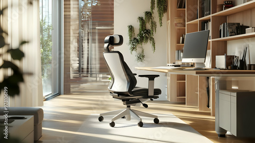 Modern Home Office with White Office Chair and Desk Illustration