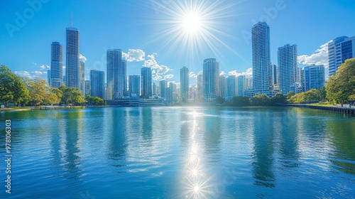 A city river with modern skyscrapers lining the banks, reflecting in the water on a sunny day.