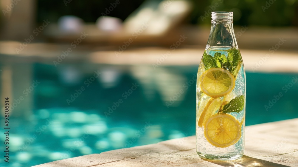 Obraz premium A clear glass bottle with infused water, filled with lemon slices and mint, sitting on a poolside table on a sunny day, evoking freshness and relaxation.