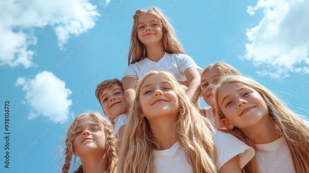A group of a bunch of kids standing together in front of the sky, AI A group of a bunch of kids standing together in front of the sky, AI