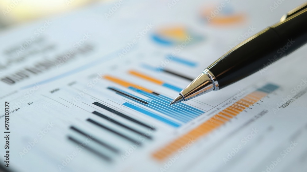 A close-up of a pen pointing to a bar graph on a financial report, highlighting key data points. A close-up of a pen pointing to a bar graph on a financial report, highlighting key data points.