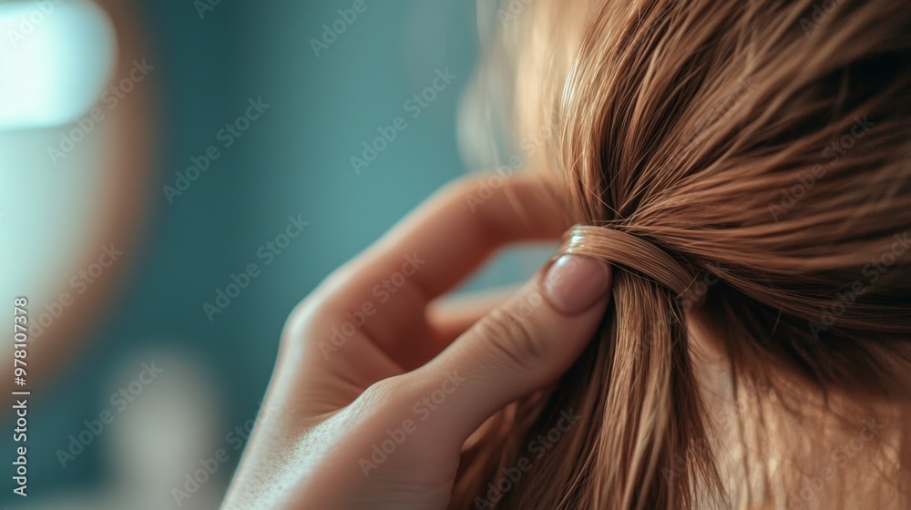 Fototapeta premium A close-up of a rubber band being stretched around a thick ponytail, with loose strands of hair and a blurred bathroom mirror in the background.