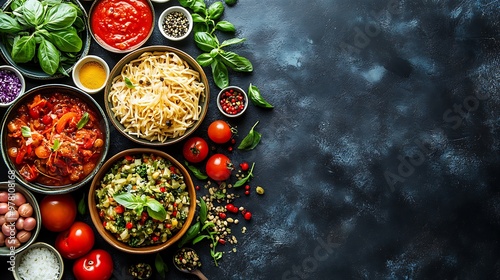 A visually appealing composition of well-known global cuisine with space for branding or ad text, in a marketing-friendly format