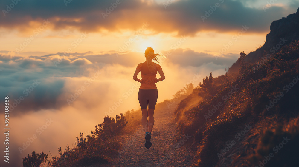 Sunset Trail Running with Woman on Mountain Ridge Surrounded by Clouds Sunset Trail Running with Woman on Mountain Ridge Surrounded by Clouds