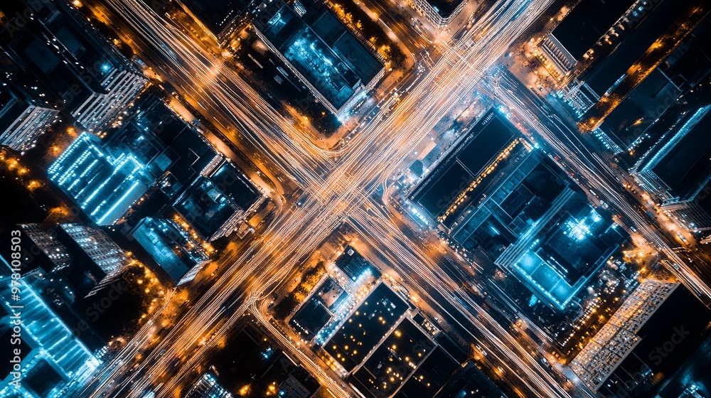 Aerial View of a Bustling City at Night with Illuminated Urban Landscape, Highlighting a Vibrant Network of Streets, Skyscrapers, and Dynamic Energy Flow. Aerial View of a Bustling City at Night with Illuminated Urban Landscape, Highlighting a Vibrant Network of Streets, Skyscrapers, and Dynamic Energy Flow.