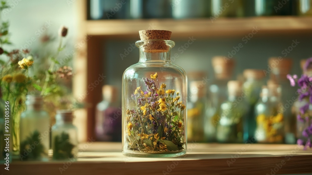 A close-up shot of a glass bottle with a natural cork stopper, holding dried herbs and flowers, on a shelf with a blurred apothecary backdrop. A close-up shot of a glass bottle with a natural cork stopper, holding dried herbs and flowers, on a shelf with a blurred apothecary backdrop.