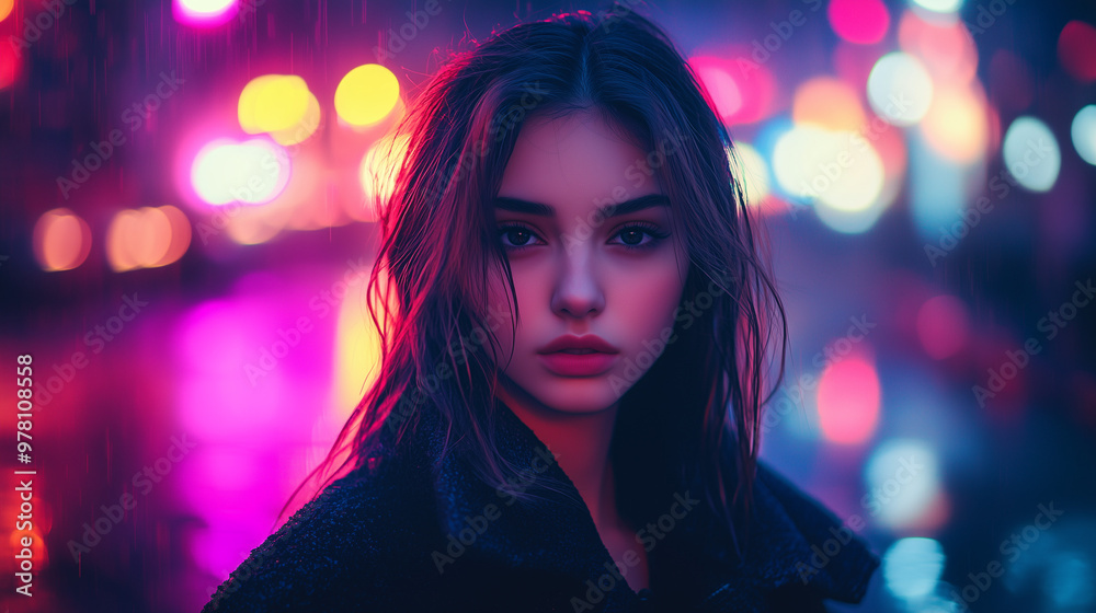 Portrait Of Woman In Neon Bokeh Rain Soft Focus Wet Hair Dramatic Glance Portrait Of Woman In Neon Bokeh Rain Soft Focus Wet Hair Dramatic Glance