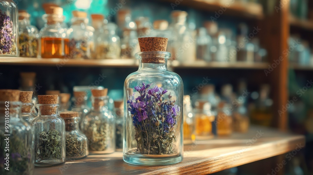 A close-up shot of a glass bottle with a natural cork stopper, holding dried herbs and flowers, on a shelf with a blurred apothecary backdrop.
