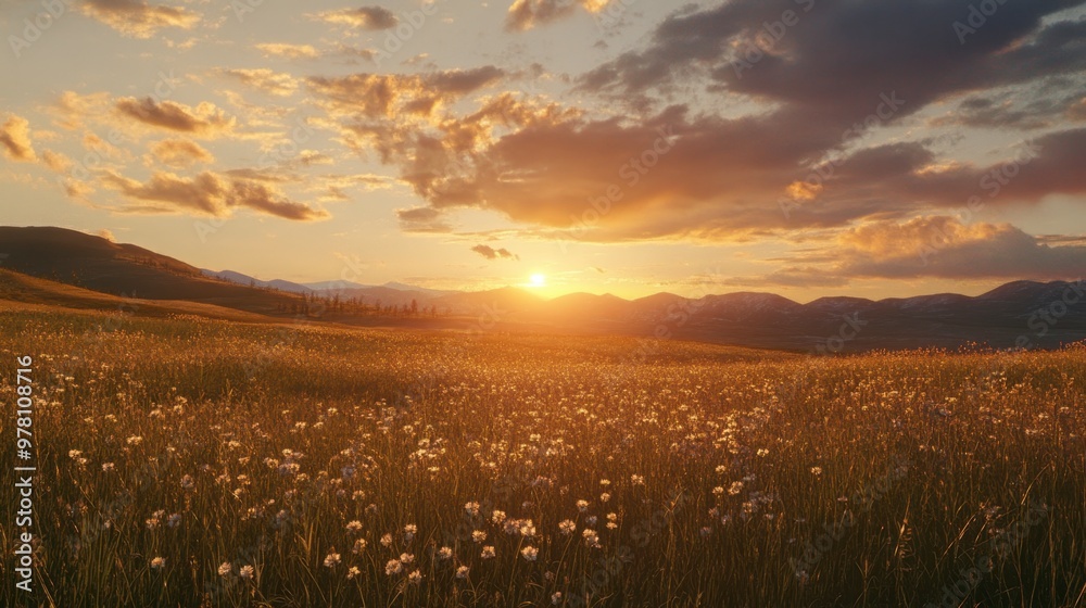 Obraz premium A cloud-filled sky during golden hour, casting warm light over a sprawling meadow.