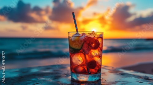 A cocktail glass filled with ice, with vibrant fruits and a straw, placed on a beachside table during sunset.