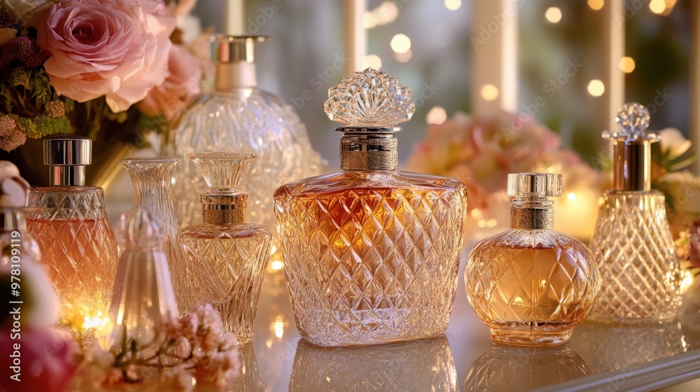 A collection of glass perfume bottles with elegant, intricate designs, displayed on a vanity table with soft, feminine lighting and flowers in the background. A collection of glass perfume bottles with elegant, intricate designs, displayed on a vanity table with soft, feminine lighting and flowers in the background.