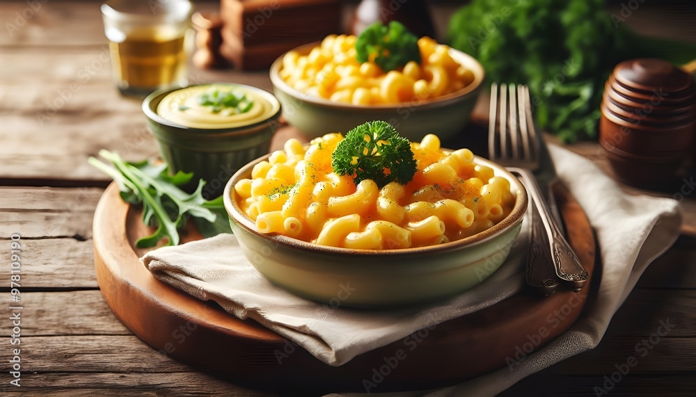 Creative food Concept. Close up of Cheesy pull classic Macaroni Mac and cheese in rustic country style wood table outdoor setting restaurant cafe. copy text space