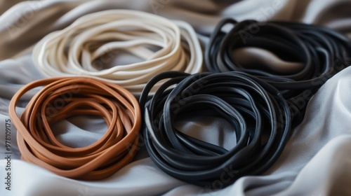 A collection of hair rubber bands in shades of black, brown, and grey, placed on a soft, pastel fabric, showing their neutral tones.