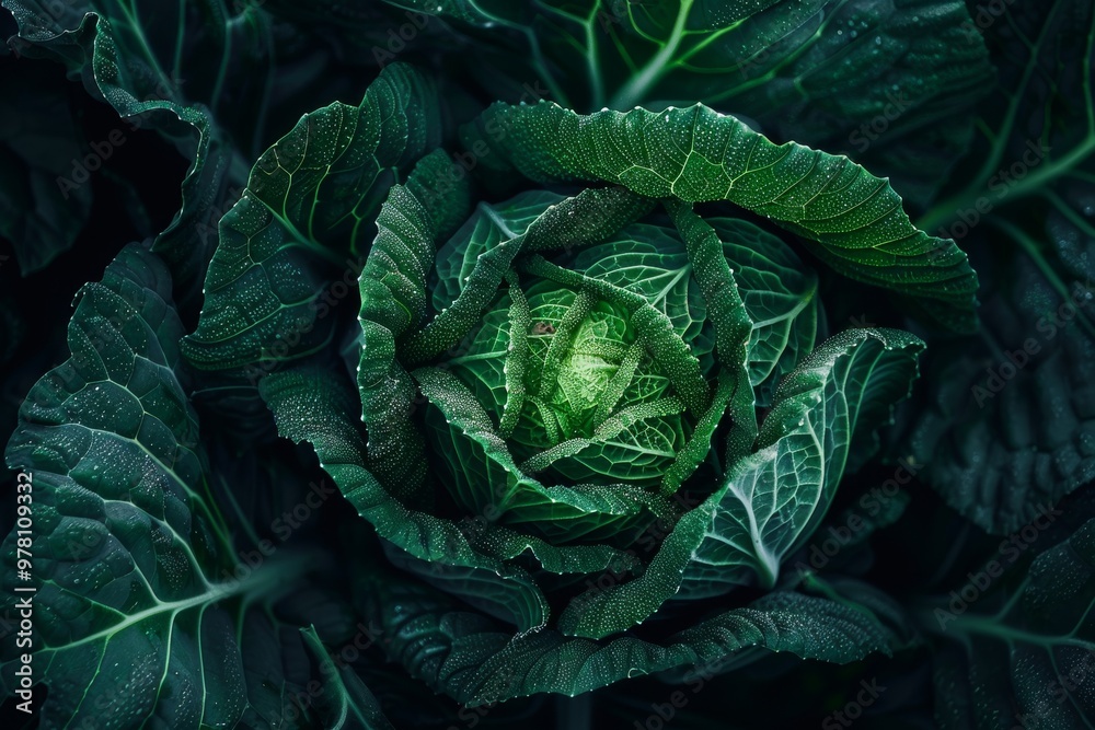 An overhead view of a fresh green cabbage surrounded by lush leaves, showcasing natural textures and vibrant colors. An overhead view of a fresh green cabbage surrounded by lush leaves, showcasing natural textures and vibrant colors.