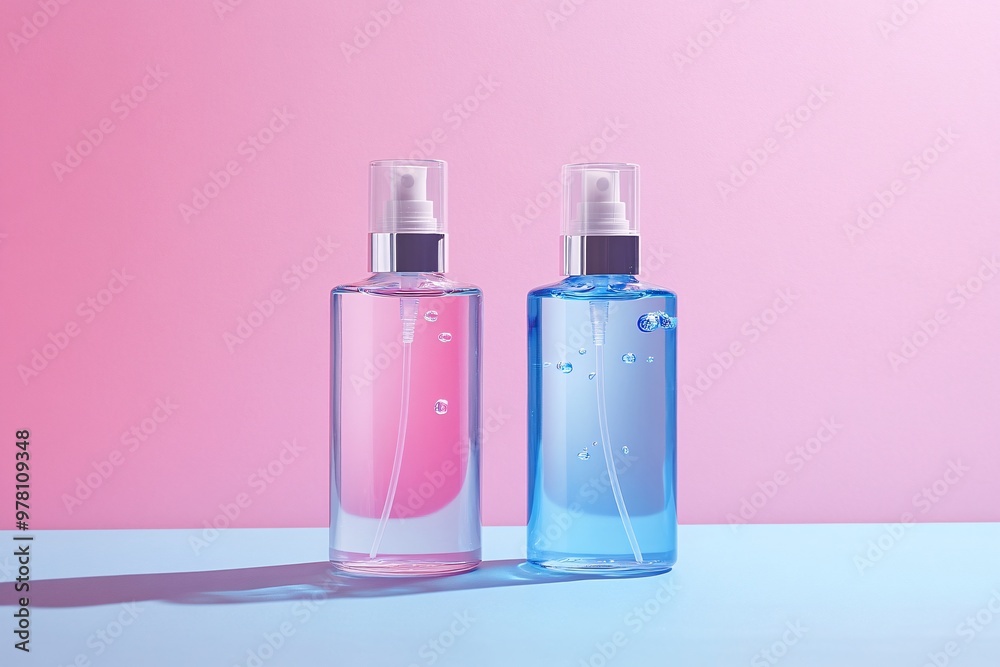 Pink and Blue Spray Bottles on Color Background Pink and Blue Spray Bottles on Color Background