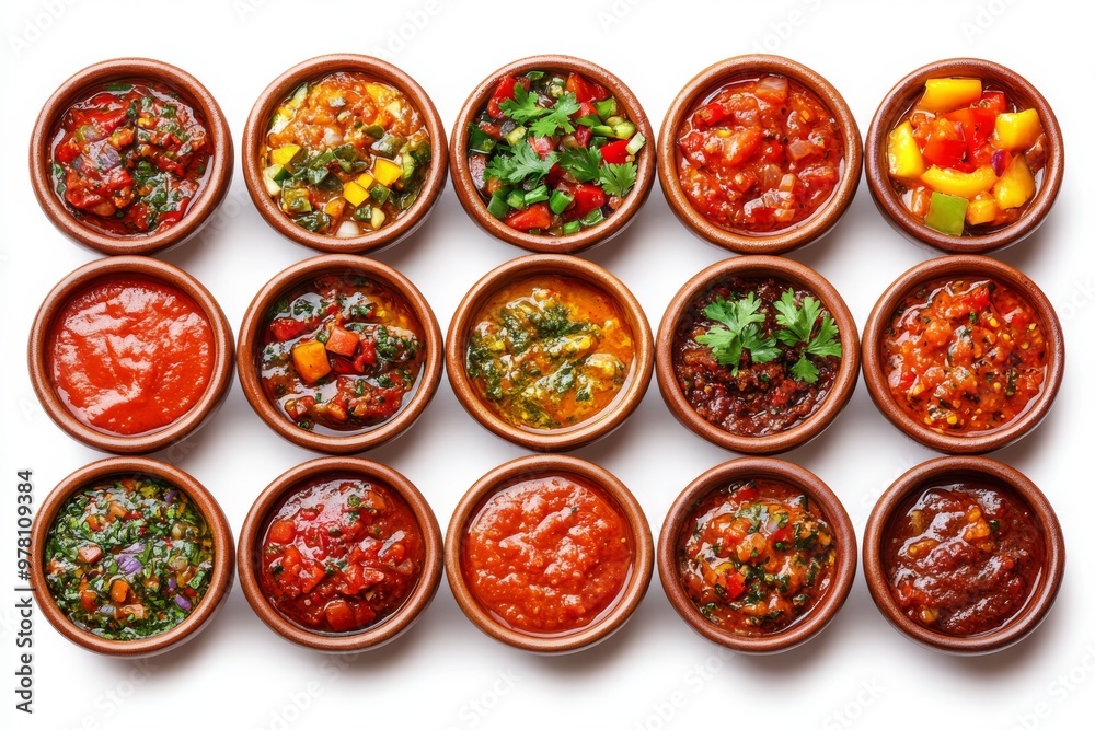 Vibrant array of sauces with herbs and spices in bowls showcasing the richness of flavor combinations and culinary creativity from global cuisine Vibrant array of sauces with herbs and spices in bowls showcasing the richness of flavor combinations and culinary creativity from global cuisine