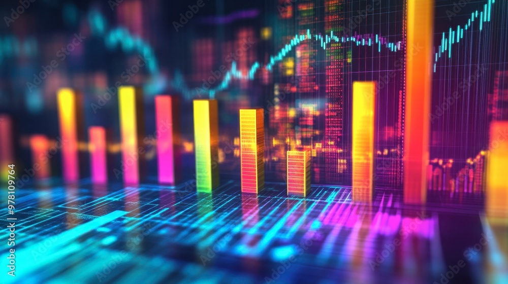 A colorful 3D bar graph rising upward, with financial data and growth indicators in the background. A colorful 3D bar graph rising upward, with financial data and growth indicators in the background.