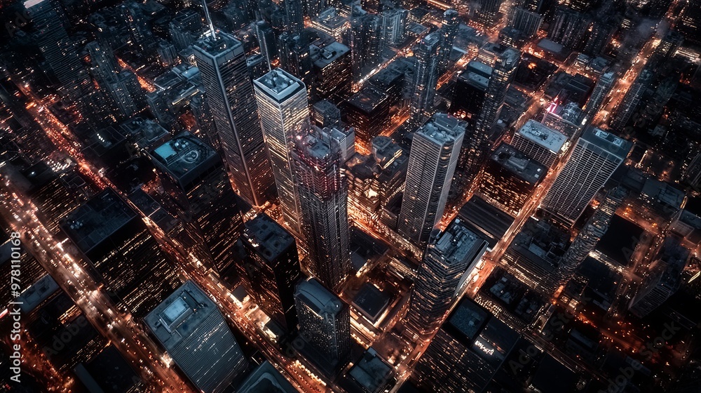 Aerial View of a Bustling City at Night with Illuminated Urban Landscape, Highlighting a Vibrant Network of Streets, Skyscrapers, and Dynamic Energy Flow. Aerial View of a Bustling City at Night with Illuminated Urban Landscape, Highlighting a Vibrant Network of Streets, Skyscrapers, and Dynamic Energy Flow.