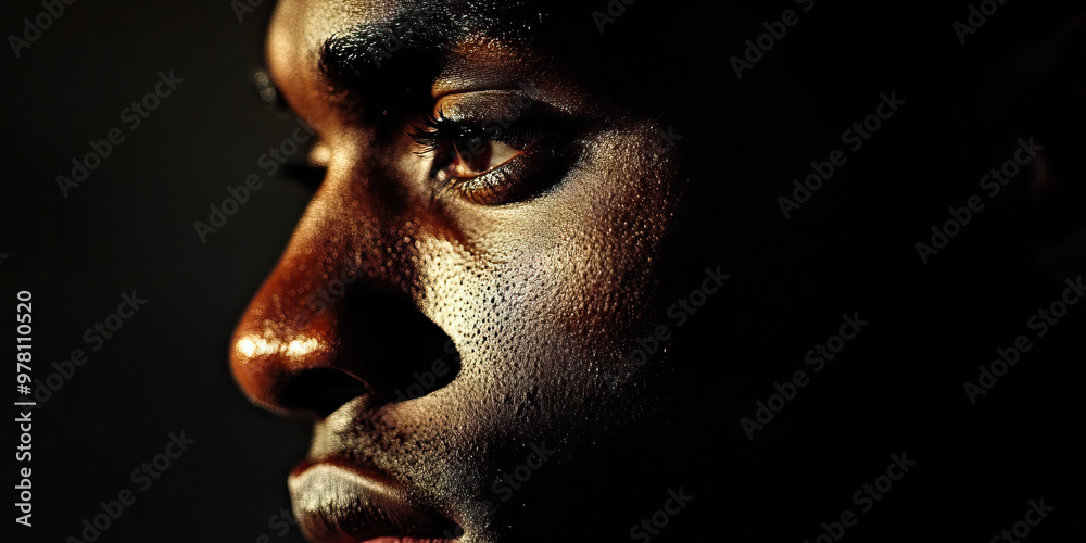 Pensive Profile: A man's face, softly illuminated, revealing a pensive expression. Pensive Profile: A man's face, softly illuminated, revealing a pensive expression.