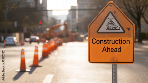 A "Construction Ahead" warning sign with orange cones and a construction site visible in the distance.