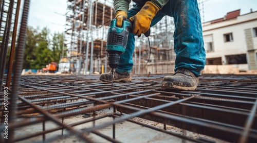 A construction worker using a power drill to assemble metal framework for a new building project.