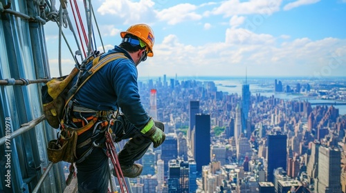 A construction worker wearing a safety harness and helmet, working on a high scaffold with a city skyline in the background.