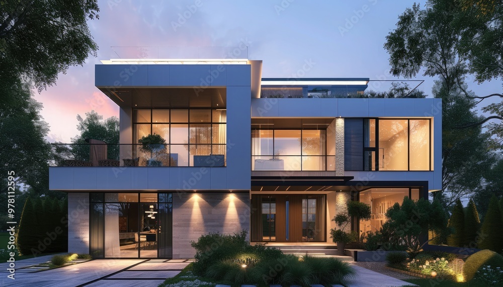 Obraz premium Modern house with large windows at dusk