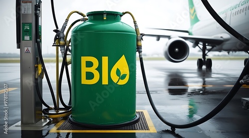 Conceptual image of green, eco-friendly fuel for aviation, symbolizing the sustainable future of air travel with a focus on environmental conservation (24) photo