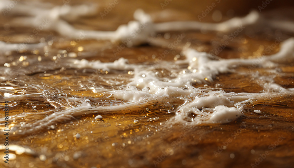 Foaming golden liquid, beer surface, textured background, Film grain effect