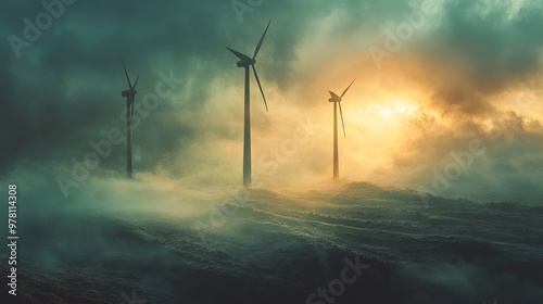 Wind turbines disappearing into dense, swirling fog, ethereal mood, Watercolor style