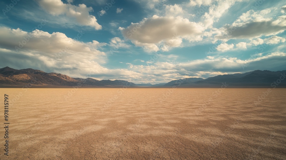 A flat desert landscape with clouds slowly forming overhead, casting long shadows on the sand. A flat desert landscape with clouds slowly forming overhead, casting long shadows on the sand.
