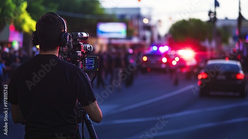 Dynamic news reporter on the scene of a breaking story, surrounded by a bustling crowd and flashing police cars in the background. Capturing the urgency and immediacy of real-time journalism