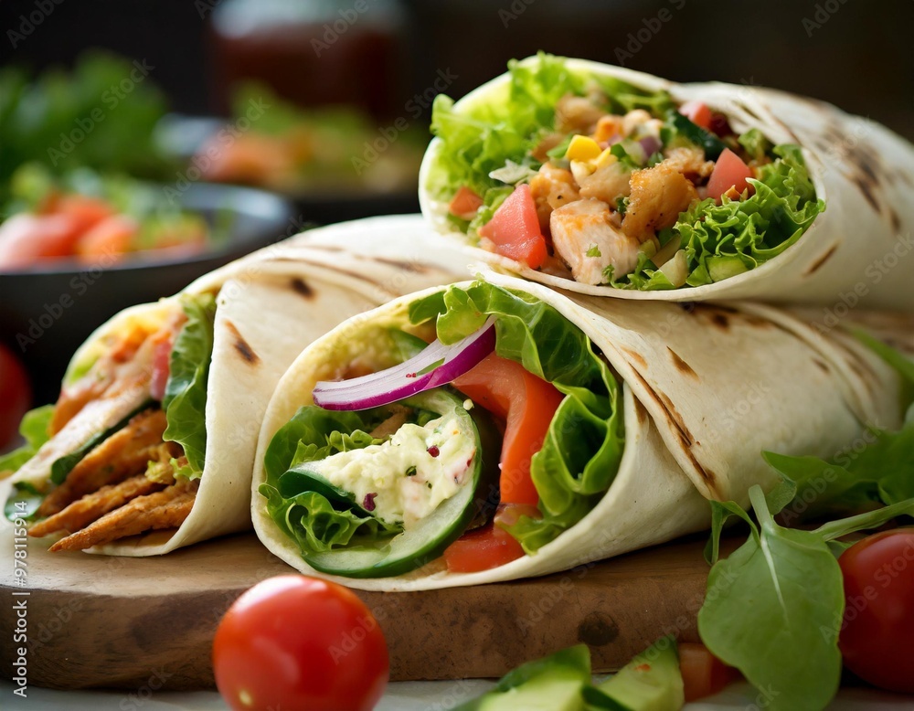 Savory lunch wraps with depth of field highlighting fresh ingredients and bold flavors Savory lunch wraps with depth of field highlighting fresh ingredients and bold flavors