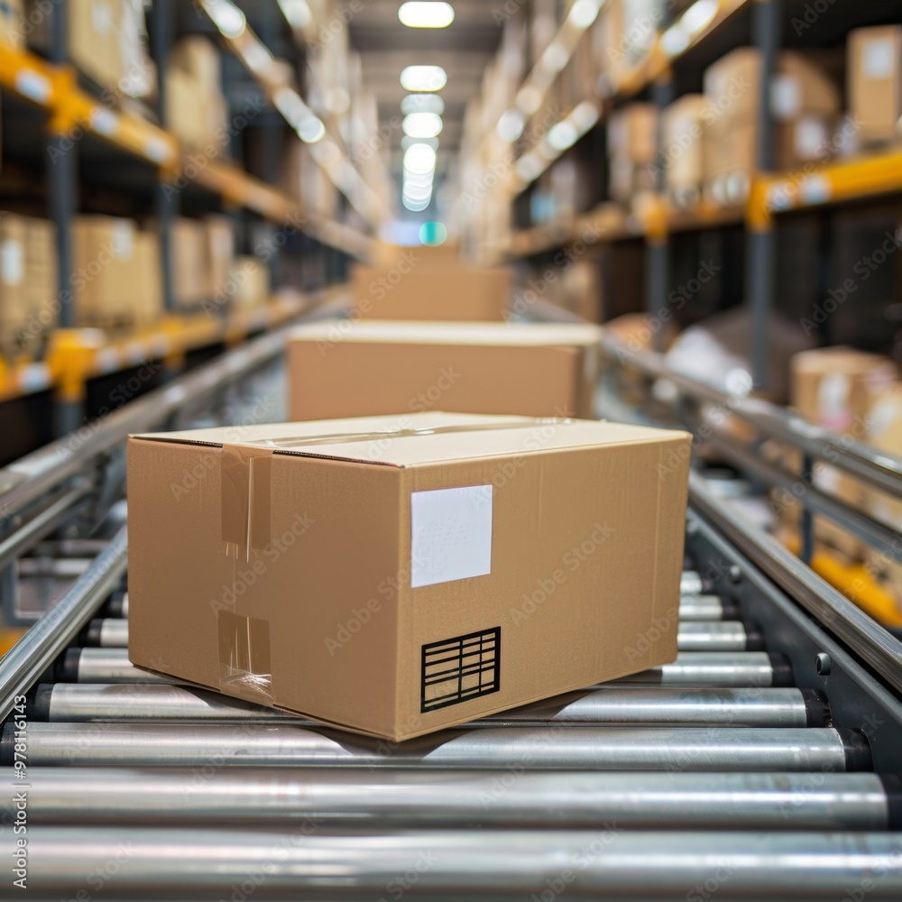 Organized Warehouse with Stacked Cardboard Boxes on Roller Conveyor System for Efficient Supply Chain Management and Inventory Control Organized Warehouse with Stacked Cardboard Boxes on Roller Conveyor System for Efficient Supply Chain Management and Inventory Control