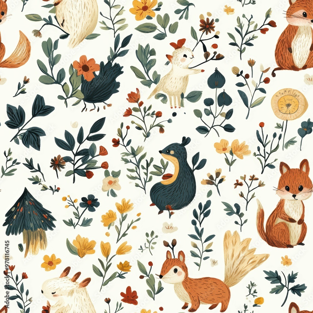 Obraz premium Enchanted Forest Friends: Whimsical Illustrated Animals in a Magical Woodland Scene
