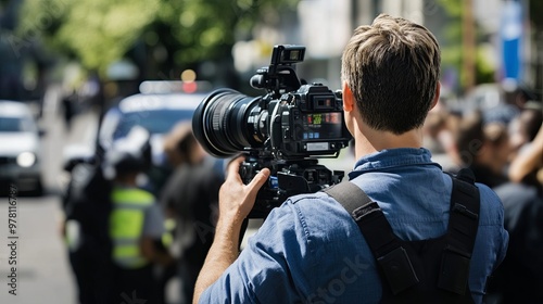 Dynamic news reporter on the scene of a breaking story, surrounded by a bustling crowd and flashing police cars in the background. Capturing the urgency and immediacy of real-time journalism