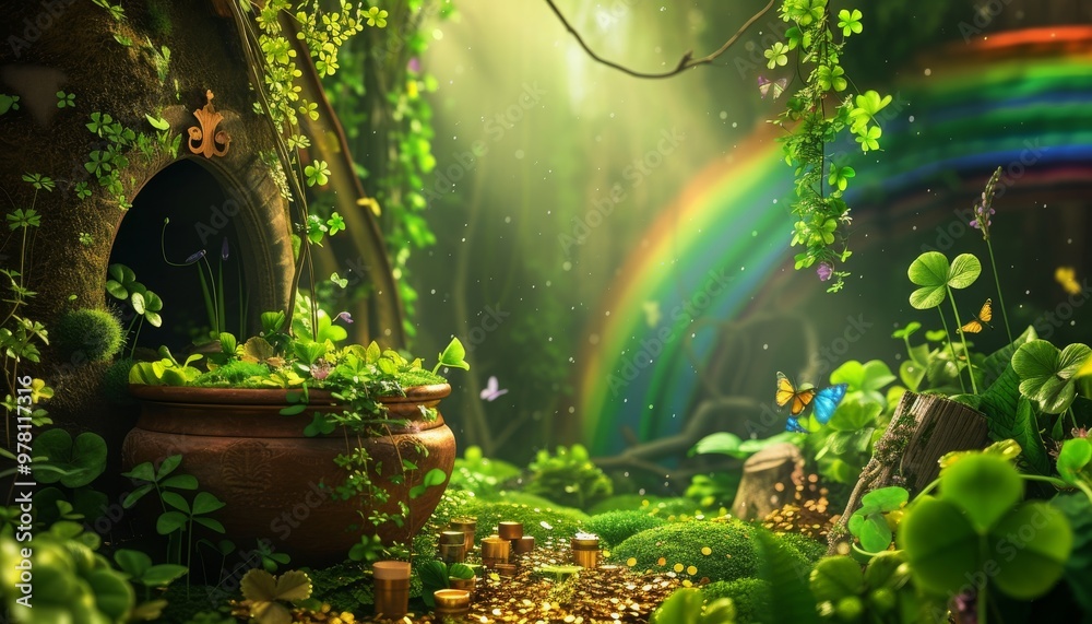 Obraz premium Magical garden with a rainbow and vibrant greenery