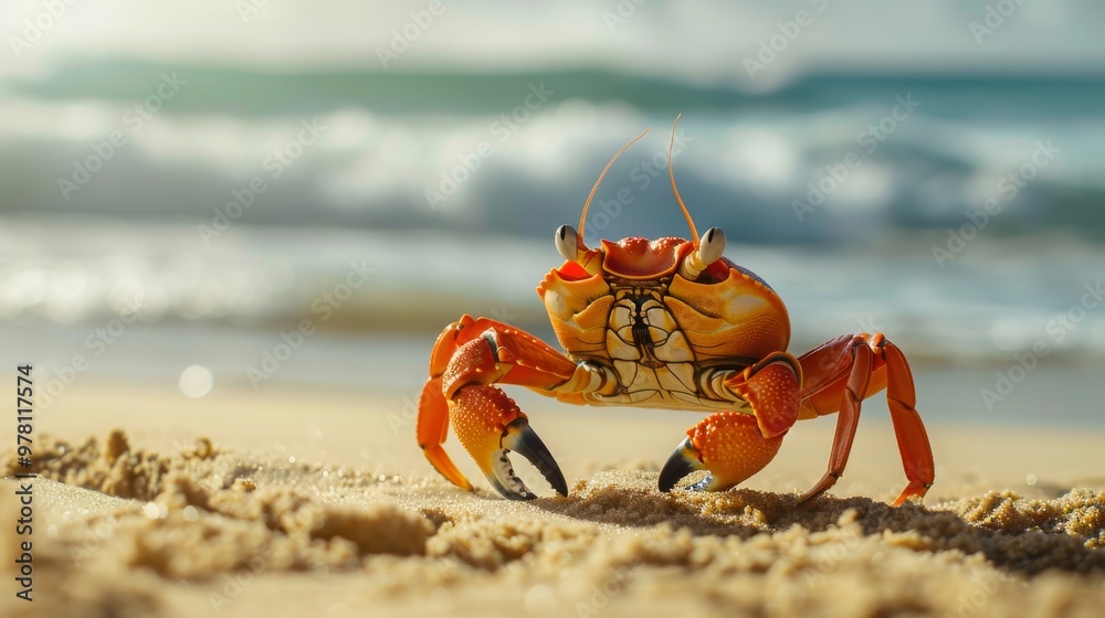 Playful Lifeguard Crab on a Sandy Beach, Monitoring Ocean Swimmers and Ensuring Safety in a Coastal Summer Scene Playful Lifeguard Crab on a Sandy Beach, Monitoring Ocean Swimmers and Ensuring Safety in a Coastal Summer Scene
