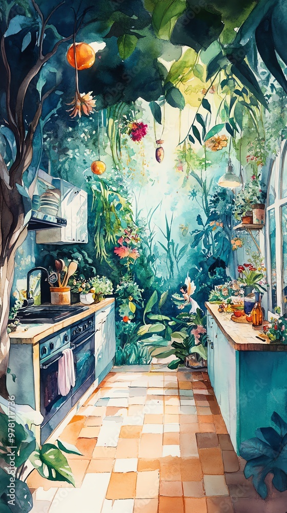 Obraz premium Wide-angle perspective of a fantasy landscape merging with an everyday kitchen