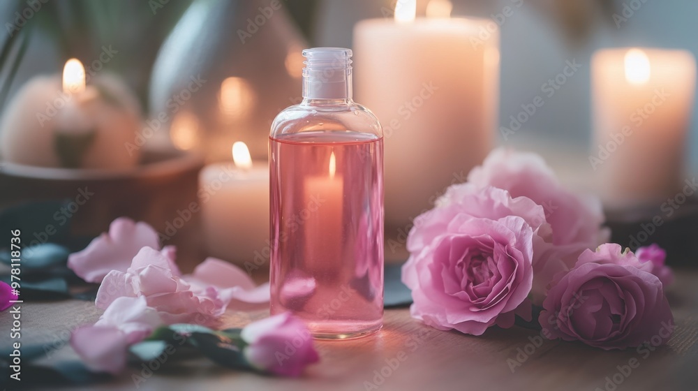 A glass bottle filled with rose water, placed on a wellness table next to candles, flowers, and a facial roller, suggesting self-care. A glass bottle filled with rose water, placed on a wellness table next to candles, flowers, and a facial roller, suggesting self-care.