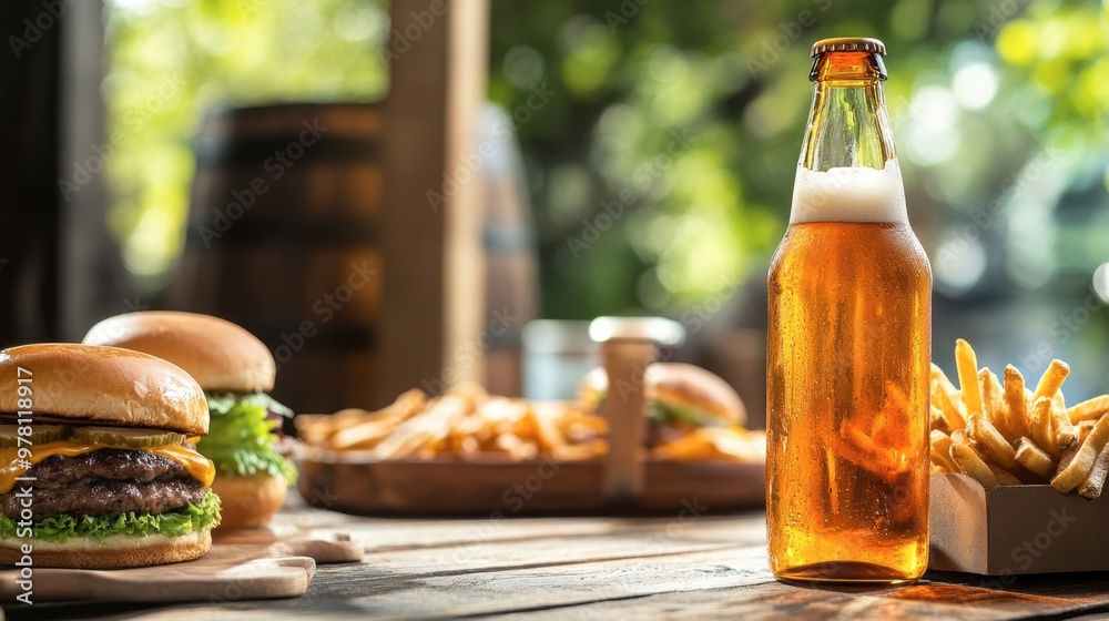 A glass bottle of artisan craft beer, placed on a picnic table, surrounded by burgers and fries, with a relaxed outdoor atmosphere. A glass bottle of artisan craft beer, placed on a picnic table, surrounded by burgers and fries, with a relaxed outdoor atmosphere.