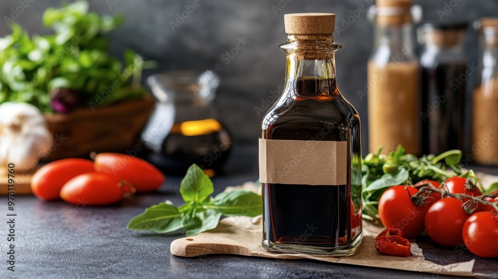 A glass bottle with a rustic label, filled with dark balsamic vinegar, sitting on a kitchen counter with fresh salad ingredients around it. A glass bottle with a rustic label, filled with dark balsamic vinegar, sitting on a kitchen counter with fresh salad ingredients around it.