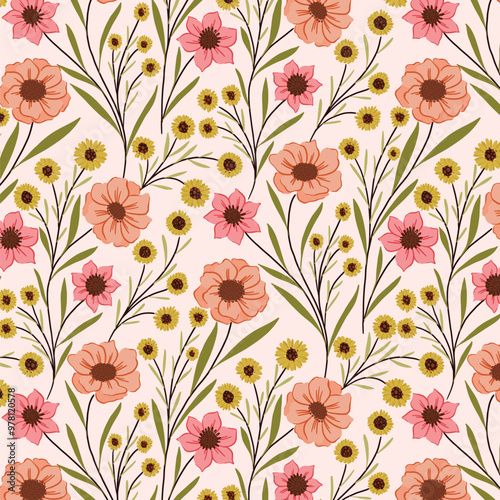 Peach swirl flowers and green leaves pattern
