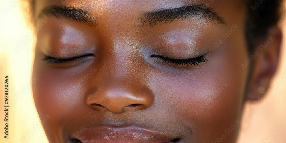 Fototapeta premium Serene Smile: A peaceful expression on a person's face, eyes slightly closed.