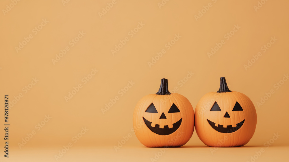 Cheerful Halloween pumpkins with smiling faces on warm background Cheerful Halloween pumpkins with smiling faces on warm background