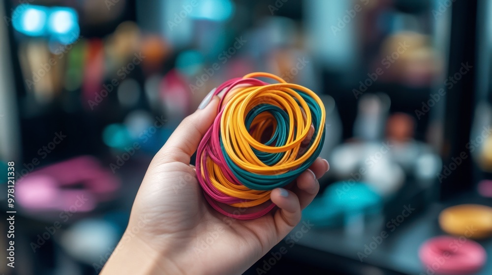 A hand holding a bundle of hair rubber bands in various colors, ready to style hair, with a blurred dressing table in the background. A hand holding a bundle of hair rubber bands in various colors, ready to style hair, with a blurred dressing table in the background.