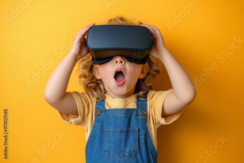 Child wearing virtual reality headset with an amazed expression symbolizing the awe and wonder of immersive technology and digital exploration
