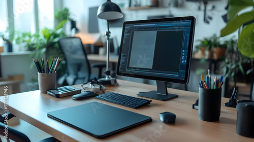 Modern Desk Setup with Laptop, Monitor, and Desk Accessories - Photo