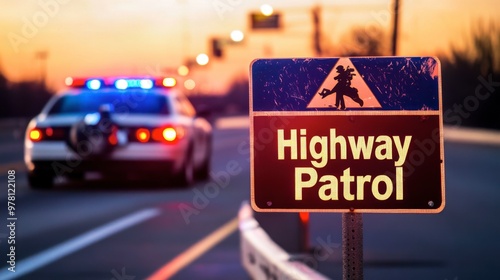 A "Highway Patrol" sign with a police car in the background, indicating a speed check area.