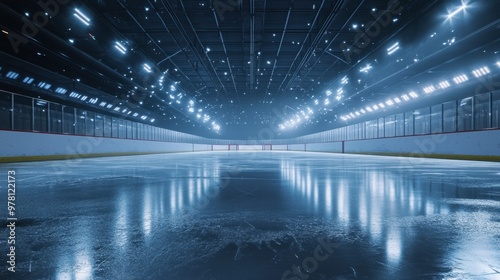 A hockey rink with fresh ice, smooth and reflective, illuminated by overhead stadium lights.